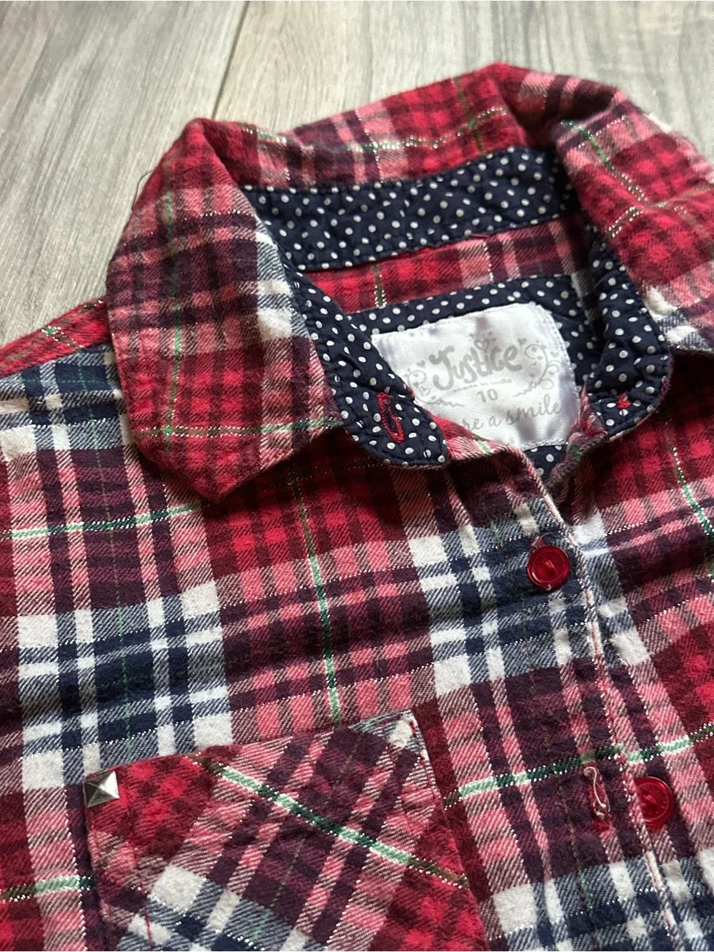 Justice Girls Red Plaid Flannel Shirt Lg Sleeve ButtonUp Metallic accent Size 10